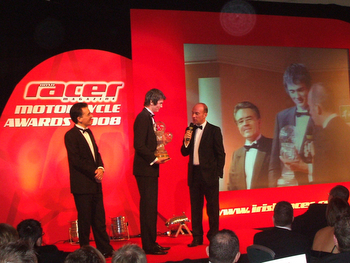 Conor Cummins is interviewed by Stephen Watson as Peter Duke looks on